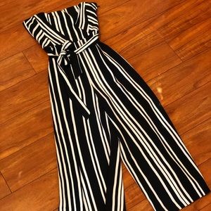 Black and white strapless cropped jumpsuit